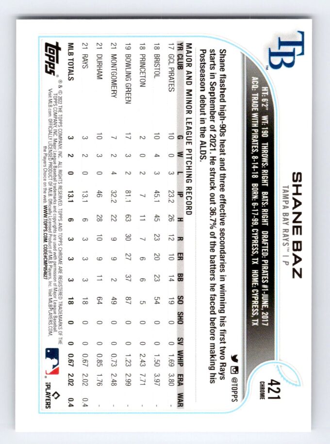 Shane Baz RC Refractor Image Variation Topps Chrome