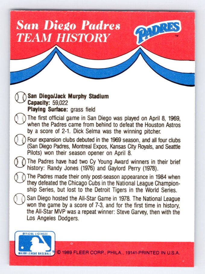 Pirates Cardinals Padres Giants 1989 Fleer Baseball Sticker