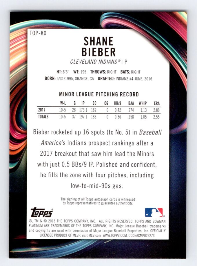 Shane Bieber /99 Autograph Green Bowman Platinum