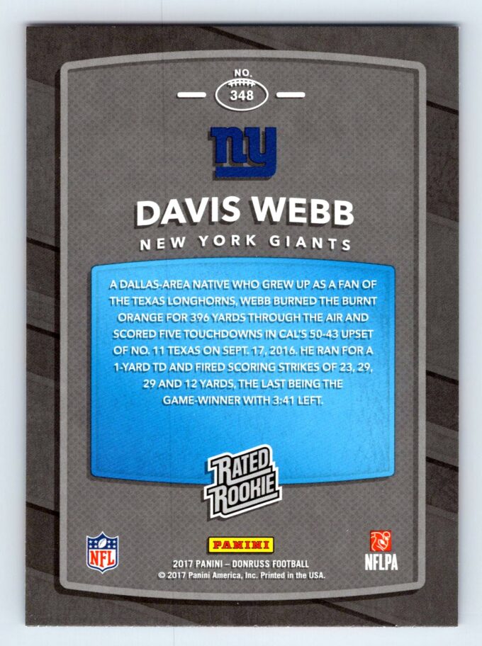 Davis Webb RC Red Donruss Rated Rookie