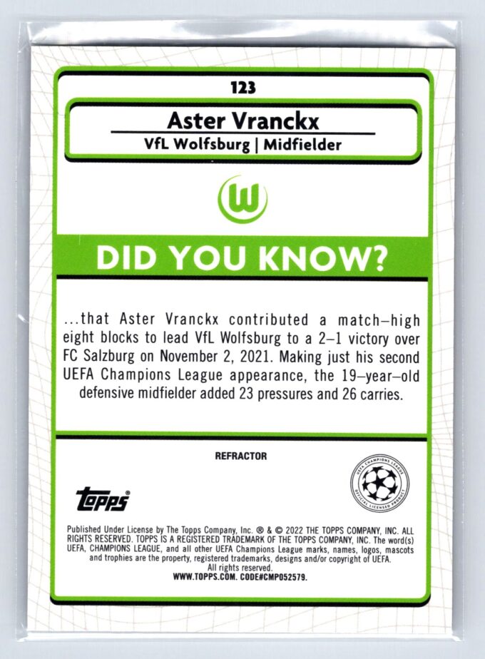Aster Vranckx RC Rookie Refractor 2022 Merlin UEFA Champions League