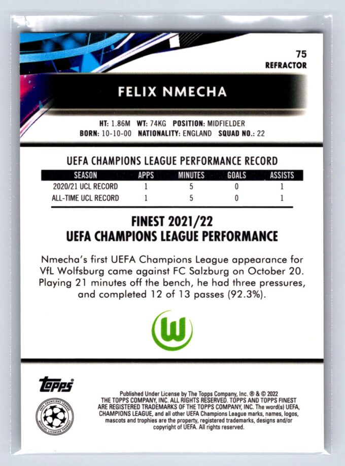 Felix Nmecha RC Rookie Refractor 2022 Topps Finest UEFA Champions League