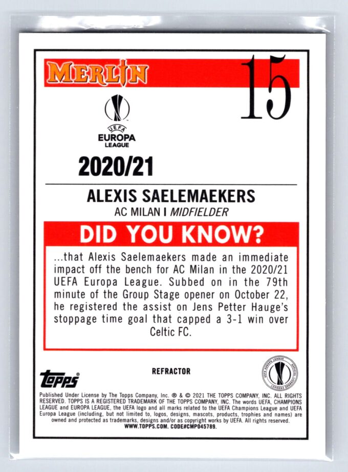 Alexis Saelemaekers RC Rookie Refractor 2021 Merlin UEFA Champions League