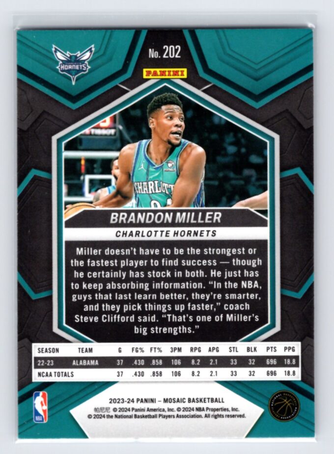 Brandon Miller RC Rookie 2023-24 Mosaic Basketball