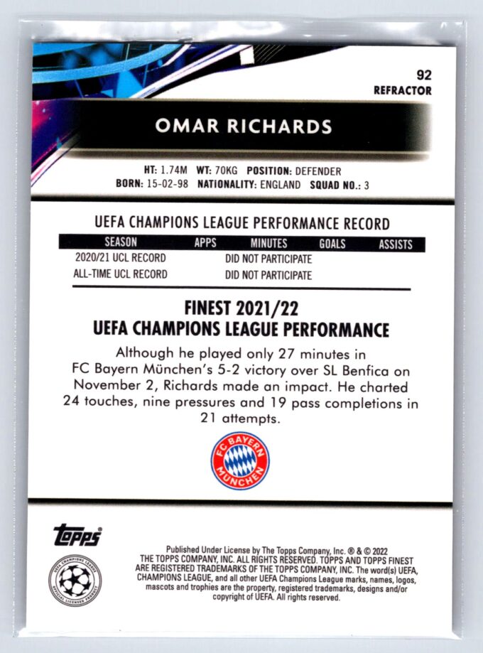 Omar Richards RC Rookie Refractor 2022 Topps Finest UEFA Champions League