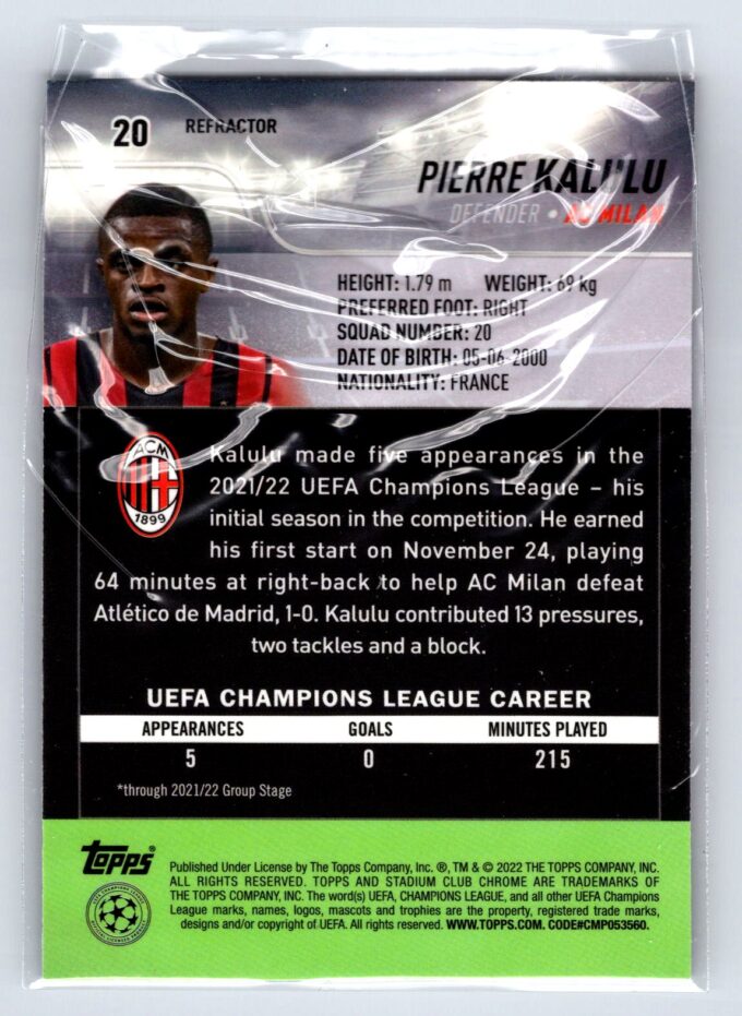 Pierre Kalulu RC Rookie Refractor 2022 Stadium Club UEFA Champions League