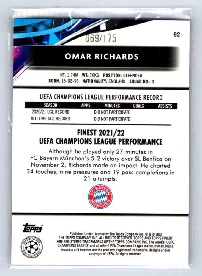 Omar Richards RC Rookie Speckle /175 2022 Topps Finest EUFA Champions League