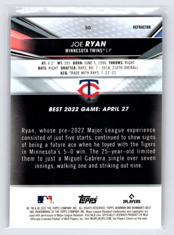 Joe Ryan RC Rookie Refractor 2022 Bowmans Best