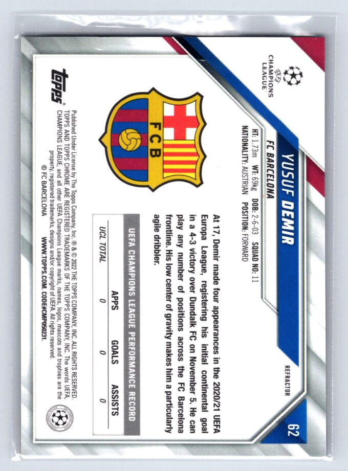 Yusuf Demir RC Rookie Refractor 2022 Topps Chrome UEFA Champions League