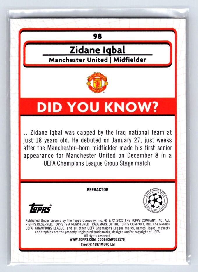 Zidane Iqbal RC Rookie Refractor 2022 Merlin UEFA Champions League