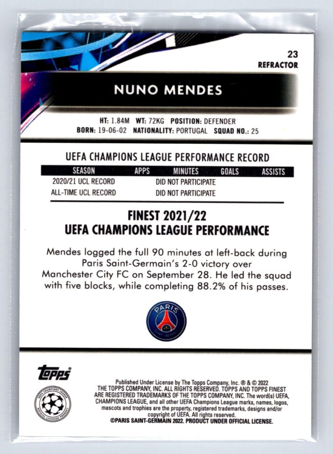 Nuno Mendes RC Rookie Refractor 2022 Topps Finest UEFA Champions League