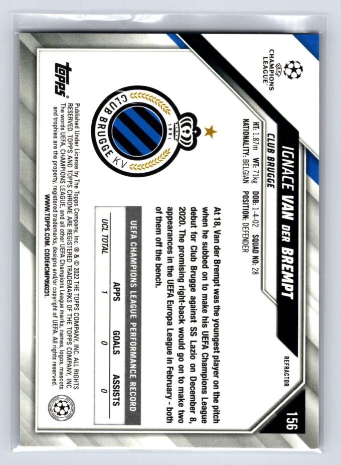 Igance Van Der Brempt RC Rookie Refractor 2022 Topps Chrome UEFA Champions League