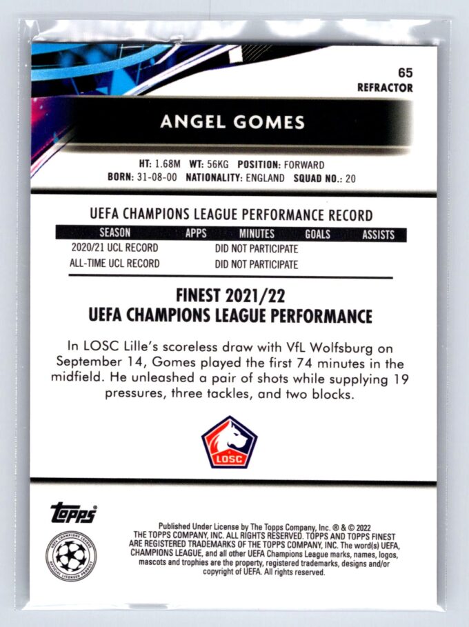 Angel Gomes RC Rookie Refractor 2022 Topps Finest UEFA Champions League