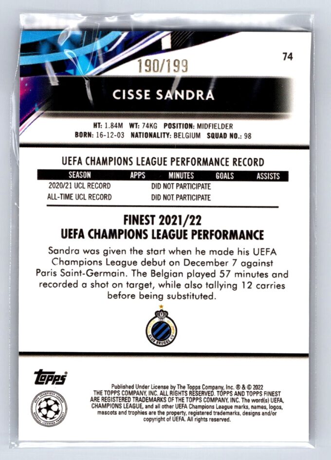 Cisse Sandra RC Rookie Raywave Refractor /199 2022 Topps Finest UEFA Champions League