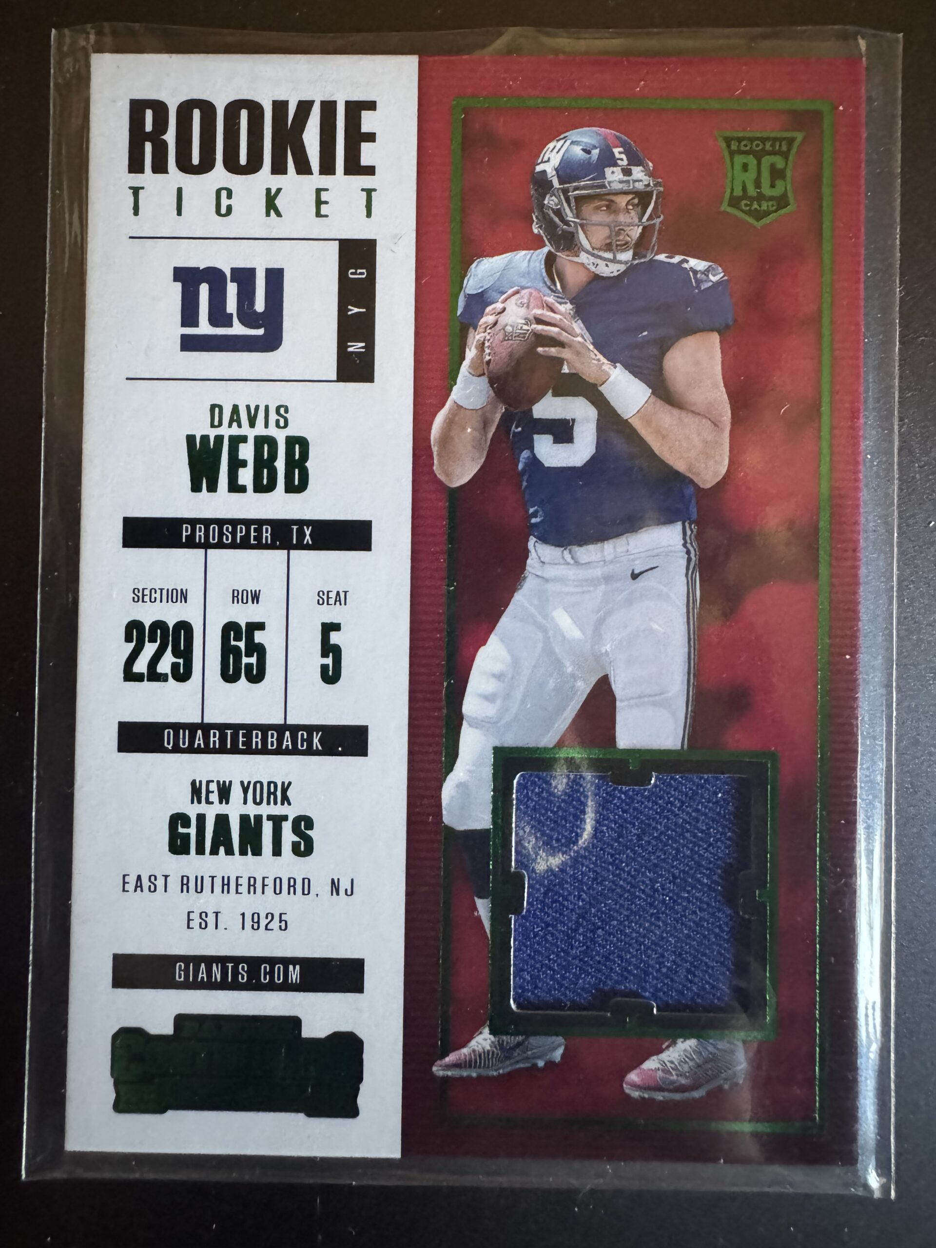 Davis Webb Contenders Rookie Ticket Patch Giants Davis Webb Contenders Rookie Ticket Patch Giants